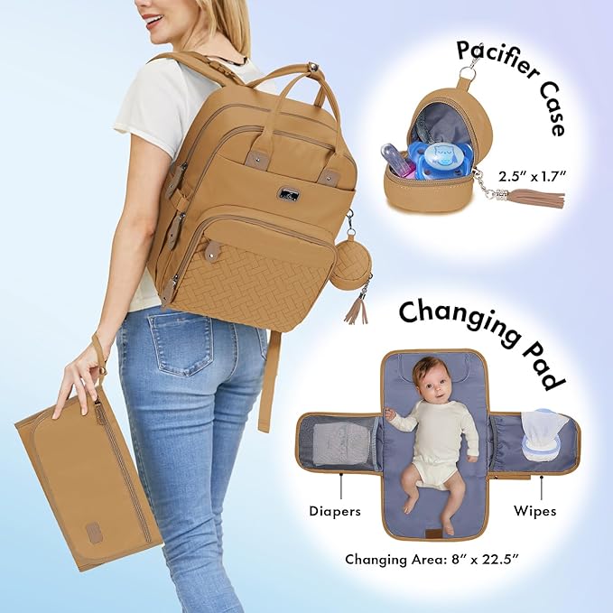 Dikaslon Diaper Bag Backpack with Portable Changing Pad, Pacifier Case and Stroller Straps, Large Unisex Baby Bags for Boys Girls, Multipurpose Travel Back Pack for Moms Dads, Tan