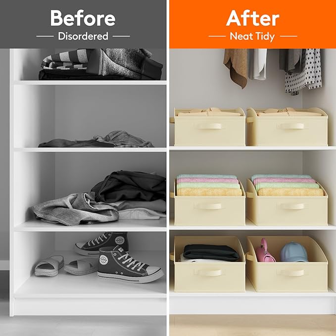 Lifewit Storage Baskets for Shelves, 6 Packs Non-woven Fabric Trapezoid Closet Organizer Bins with Handles, Foldable Clothing Containers Box for Clothes, Toy, Towel, Book, DVD, Hats, Small-Beige