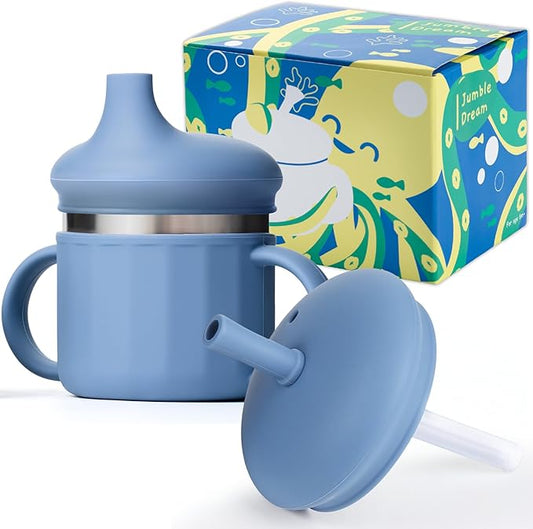 Jumble Dream Stainless Steel Sippyy Cup, Silicon Training Stainless Steel Kids Cups with Straw, Toddler Tumbler with Spill Proof Straw |6 Month Toddler Sippy Cup| BPA Free (Blue Moon) 2025
