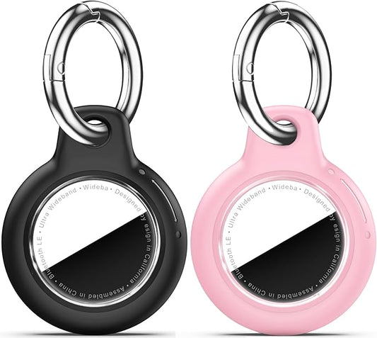 Upgrade Waterproof 2 Pack Airtags Holder with Apple Airtags Keychain, Hard PC Air Tag Case, Anti-Scratch & Shock Air tag Holder, Men's Women's Keyrings & Keychains-Black+Pink