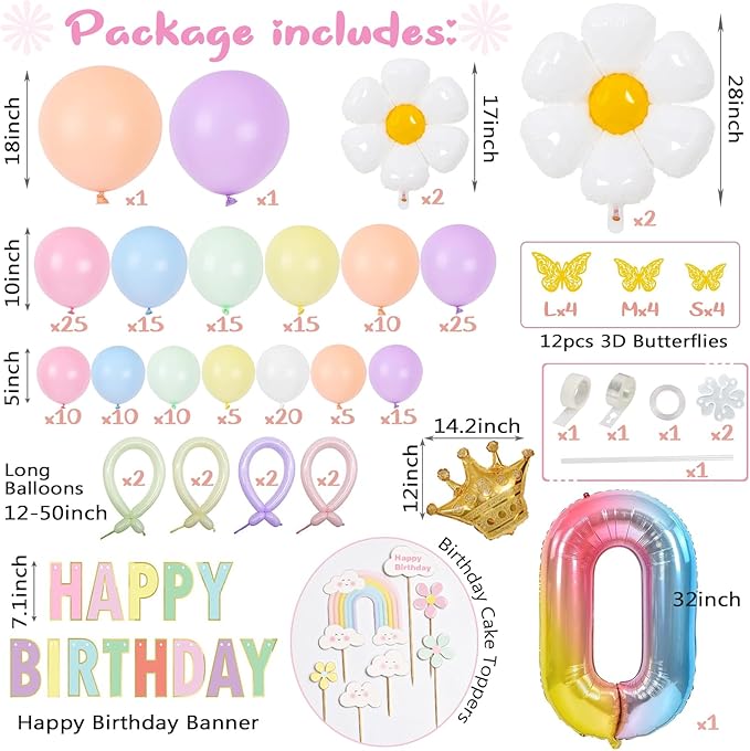 219Pcs Daisy Balloon Arch Garland Kit - Pastel Rainbow Balloons Arch Kit with Daisy Balloons,Banner,Cake Toppers,12 3D Butterfly, for Birthday Party, Baby Shower, Flower Themed Party Decorations