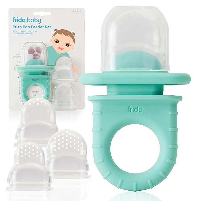 Frida Baby Push Pop Feeder, Baby Fruit Food Feeder to Safely Introduce New Foods, Fresh + Frozen, Silicone, BPA Free, Dishwasher Safe | 3 Count, Teal