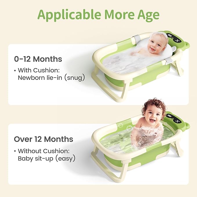 Collapsible Baby Bathtub for Newborn to Toddler (0-18 Month) - Portable Baby Bath Tub for Travel, Newborn Bathtub with Soft Towel and Floating Cushion (Green)