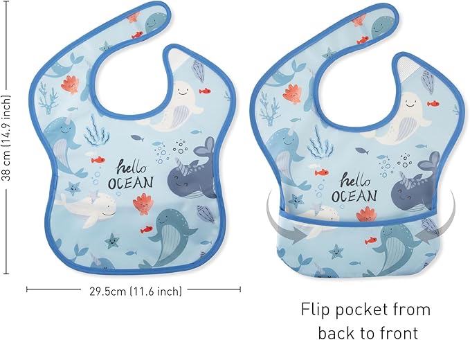 Mess Proof Baby Bib 3 Pack, Waterproof Led Weaning Baby Feeding Bibs with Food Catcher, Travel Feeding Bibs