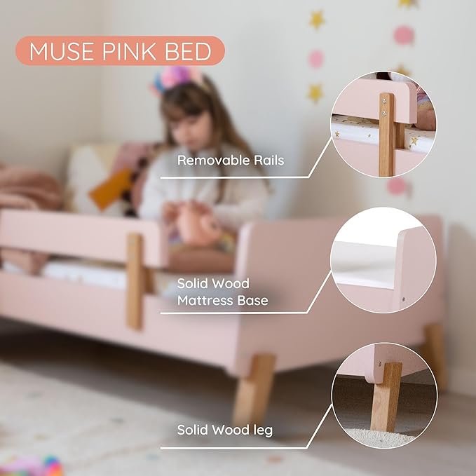 dadada Muse Toddler Bed with 2 Removable Safety Rails. Low Profile Montessori Bed for Kids. Sturdy Solid Wood Frame, Fits Standard Crib Mattress, Easy to Assemble, Toddler Bed for Girls & Boys - Pink