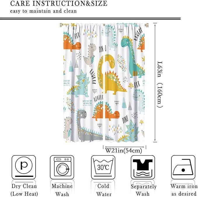 Dinosaur Curtains for Kids Boys Girls Home Decor Childish Cute Dino Animals Print Pattern Rod Pocket Blackout Window Drapes for Nursery Baby Bedroom Playroom W21xL63in 2 Panels