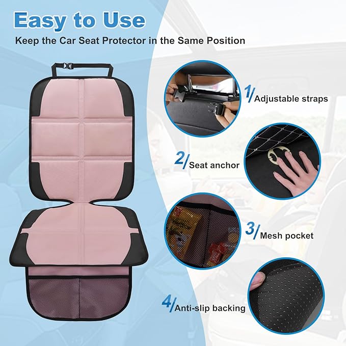 Car Seat Protector for Child, 2 Pack Baby Covers with Mesh Pockets & Non-Slip Backing 600D Durable Under Seat for Back (Rose Gold, Standard)