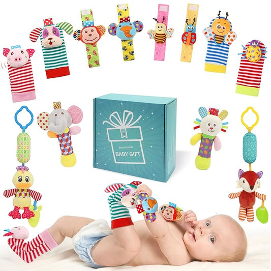 Wrist Rattles Foot Finder Rattle Sock Baby Toy, Hanging Rattle Toy, Hand Bracelet Rattle, Feet Leg Ankle Socks, Activity Rattle Present Gift for Newborn Infant Babies Boy Girl-12pcs A