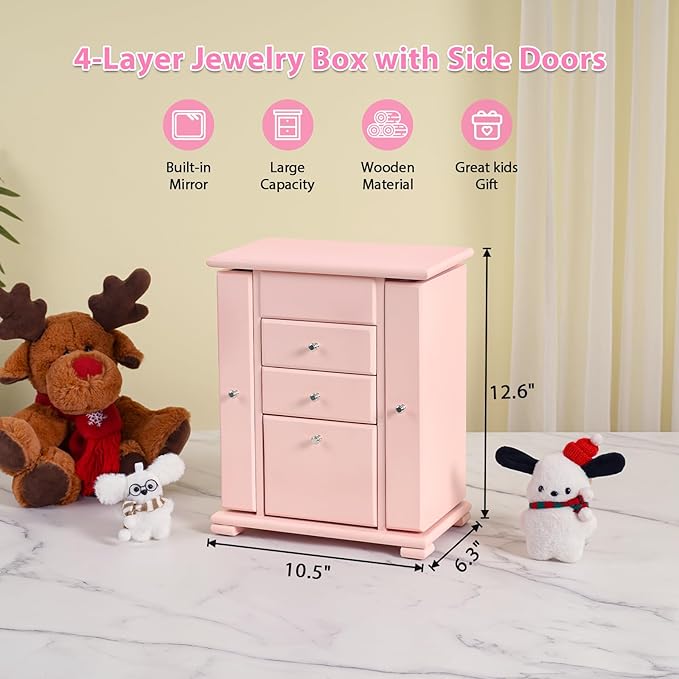 Musical Jewelry Box for Girls, Large Kid Music Box with Ballerina for Birthday Bedroom Decor, 5 Layer Girl Jewelry Gifts for Girls Kids - Pink
