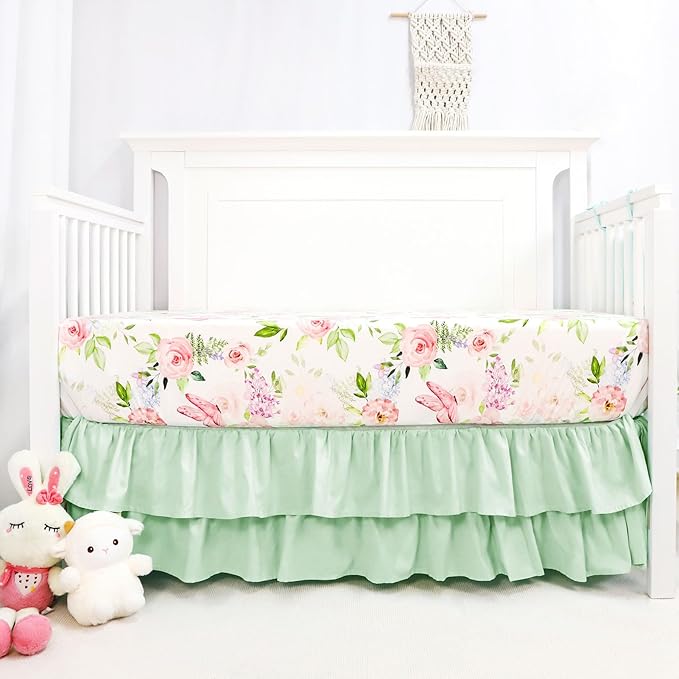 4-Piece Crib Bedding Set, Baby Girl Crib Bedding Set Butterflies Floral Nursery Bedding Set Includes Comforter, Fitted Crib Sheet, Crib Skirt, and Diaper Stacker, Green & Pink