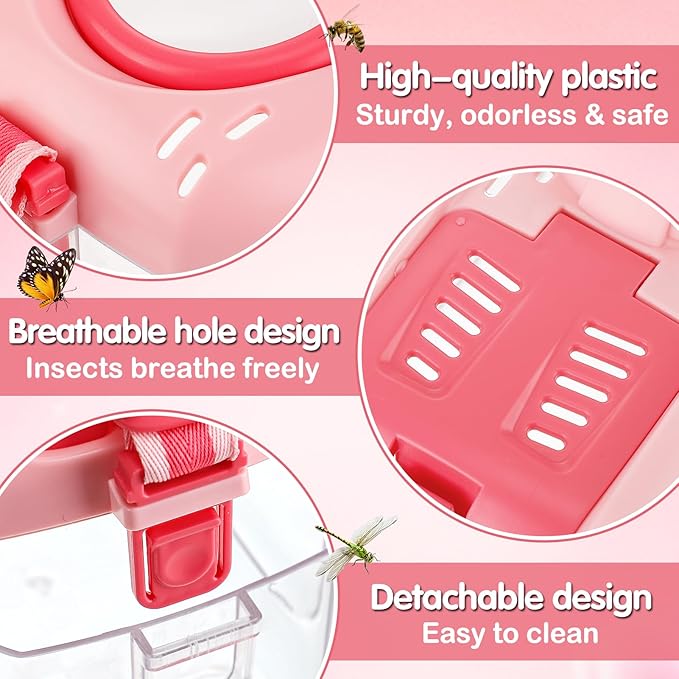 2Sets Bug Catcher for Kids- Sturdy Kids Bug Catching Kit Gifts with Collector Butterfly Net Tweezer, Bugs Habitat Outdoor Explorer Kit for Age 3 4 5 6 7 8, 8Pcs, Pink
