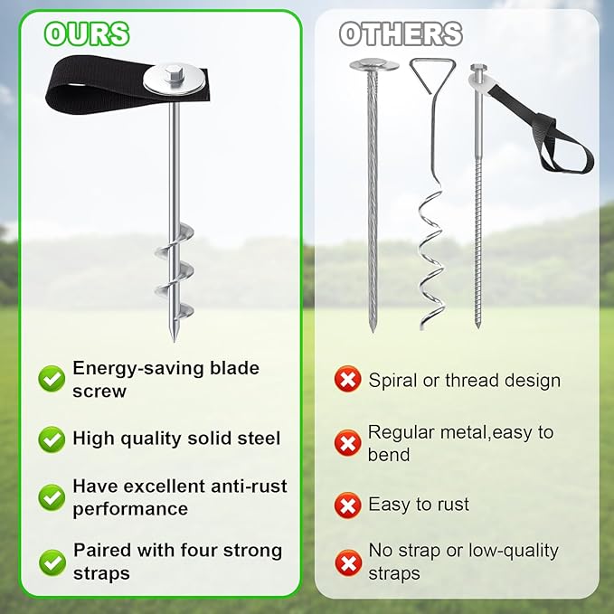Eurmax USA Ground Anchors Screw in Trampoline Anchors High Wind Tent Stakes Heavy Duty Ground Stakes Trampoline Stakes Anchor Kit Set of 4 Bonus 4 Strong Belt (Silver)