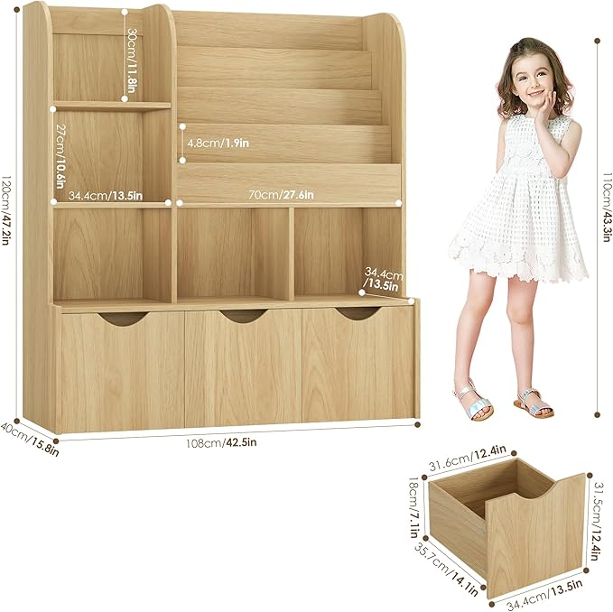 FOTOSOK 47'' Kids Bookshelf with Toy Storage, Multifunctional Bookcase with 5 Storage Cubbies and 3 Movable Drawers, Toy Storager Display Stand, Toy Organizer and Storage for Playroom,Bedroom, Natural