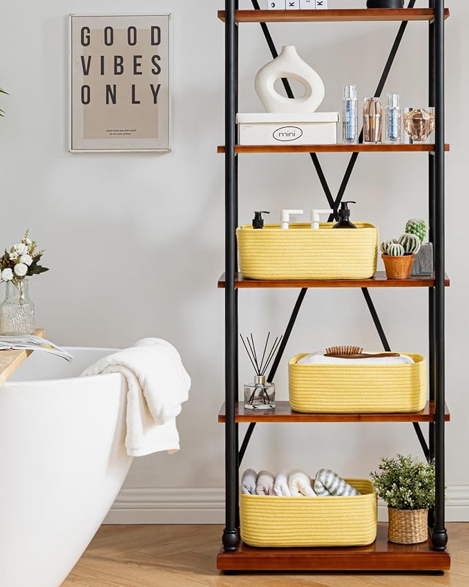 KALLAX Small Woven Basket, 13.5 x 9.5 x 5 Inches, Storage Basket for Organizing, Cute Small Rope Shelf Closet Cube Storage Bins Baskets for Shelves, Dog Toy Gift Baskets Empty, 3 Pack Yellow