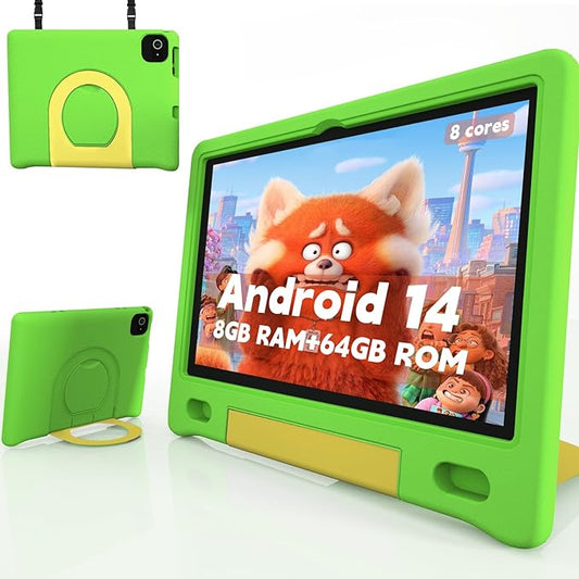 Kids Tablet with Strap, Android 14 Tablet for Kids 10 inch, Toddler Tablets Octa-Core 64GB 1TB Expandable, Children's Tablets with Case, Bluetooth WiFi Parental Control Dual