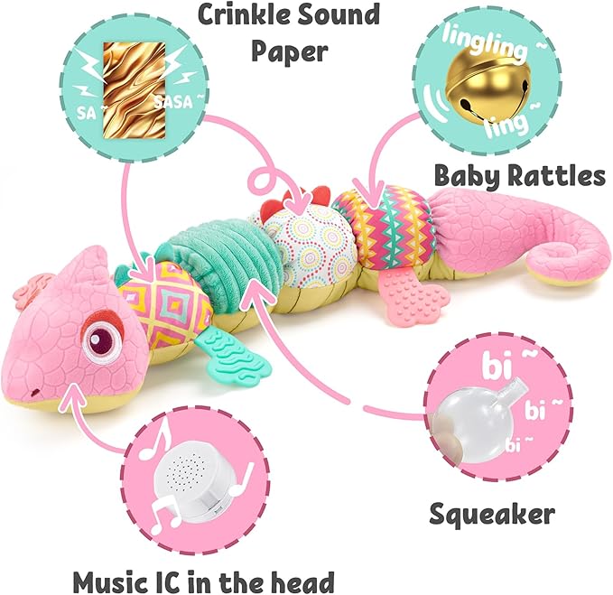 LIGHTDESIRE Baby Toys Musical Dinosaur,Infant Stuffed Animal Toys with Crinkle and Rattles,Soft Sensory Toys with Textures for Tummy Time Newborn Boys Girls 0 3 6 12 Months(Pink)