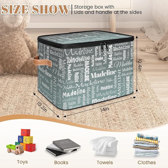 Custom Storage Basket with Name, Personalized Storage Bins with Zipper Lid, Foldable Fabric Storage Box Large capacity with Handle Gradient Grey Green