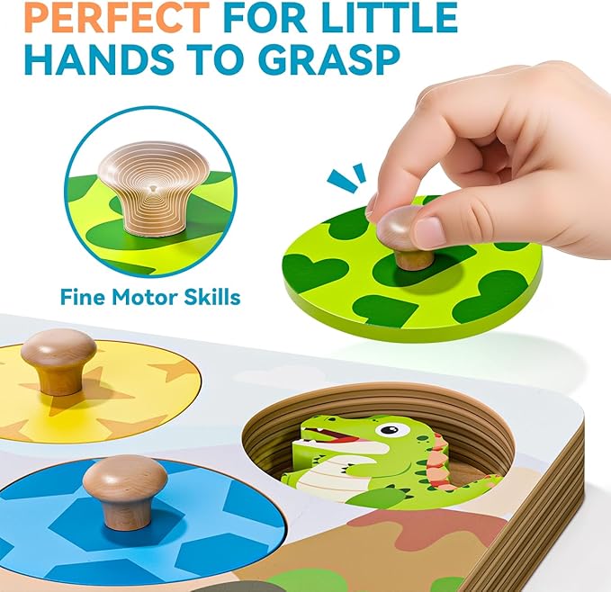 Dinosaur Wooden Puzzles for Toddlers 1-3, Montessori Toys for 1 2 Year Old Boy Birthday Gifts, Dinosaur Matching Eggs Peg Puzzles for Toddlers Age 2-4, Preschool Learning Activities for Girls