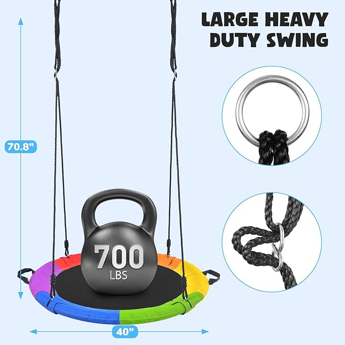 Hapfan 40" Saucer Tree Swing for Kids and Adults, Disc Round Swing for Kids Outdoor with Swivel, UV-Resistant Textilene Fabric, 700 lb Weight Capacity, 9.8 FT Hanging Straps, 2-Year Warranty (Rainbow)