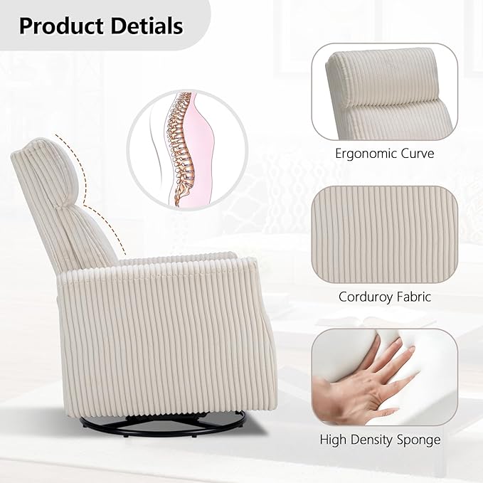 CANMOV Swivel Rocker Chair for Nursery, Swivel Accent Chair with High Back and Arms, Corduroy Glider Chair for Living Room Bedroom Nursery, Beige