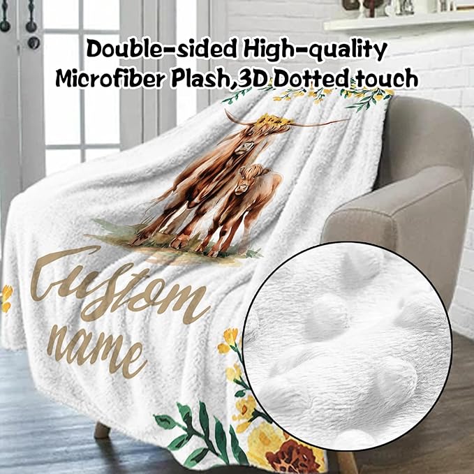 Custom Nursery Crib Bedding Set: Personalized Name 4 Piece Yellow Highland Cattle Design Baby Crib Sets for Girls - Toddler Double Layer Blanket Set, Comfortable Crib Bed Sheets for Baby Toddlers