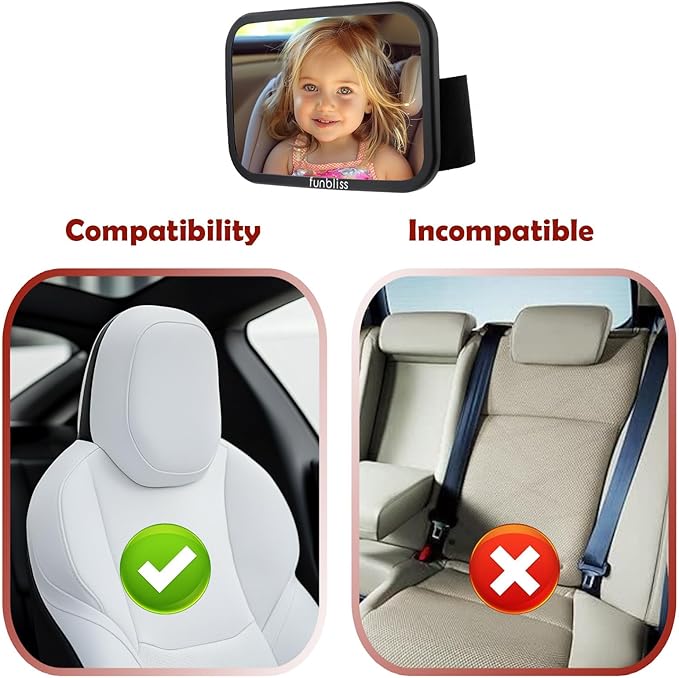 Funbliss Baby Car Mirror for Fixed Headrest, Compatible with Tesla Car Mirror for Baby and Other Models, 360° Rotation Clear & Wide View, Easy Install with Non-Slip Elastic Fixing