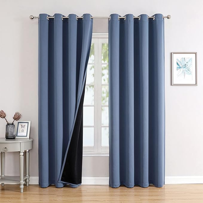 ChrisDowa 100% Blackout Curtains 90 inch Long for Bedroom with Black Liner, 2 Thick Layers Total Blackout Thermal Insulated Grommet Long Window Curtains 2 Panels Set (Stone Blue, 52 x 90 Inch)