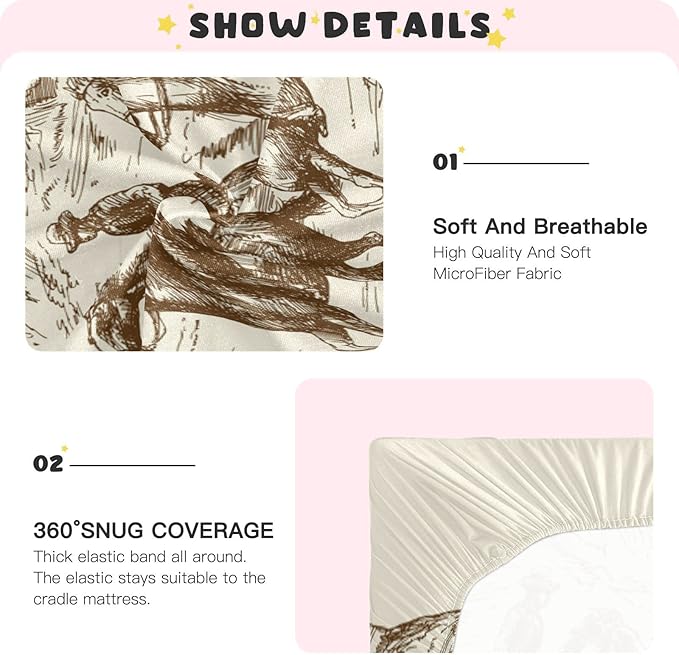 Western Desert Cowboy Crib Sheets for Boys and Girls, Fitted Baby Crib Sheets Soft and Breathable Mini Crib Sheets 52 X 28 Inches