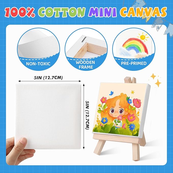 ESRICH 8 Set Mini Acrylic Paint Kit,5in Mini Stretched Canvas with 7.5in Easel,Acrylic Paint Strips,Paint Palettes,Painting Brushes, Small Canvas and Easel Set for Kids Artists Beginner,Gift