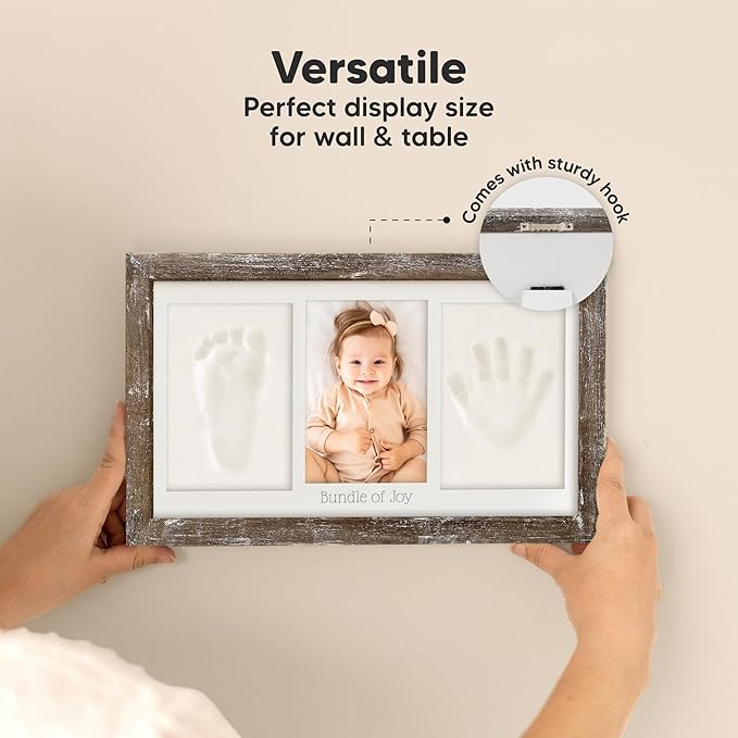 Baby Hand and Footprint Kit - Clay Handprint Keepsake Frame, Newborn Nursery Picture Frame, Personalized New Mom Gifts for Baby Shower & Registry (Barnwood)