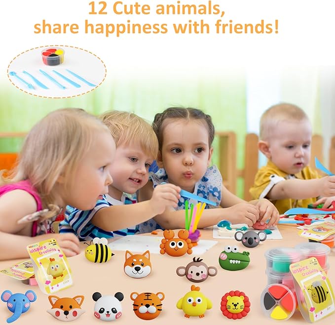 Air Dry Clay Kit for Kids, Modeling Magic Clay for Kids, Ultra Light & Soft, 12 Boxes DIY Animals Model with Step by Step Tutorial and 5 Sculpting Tools, Creative Art Crafts Toys Gifts for Girls Boys
