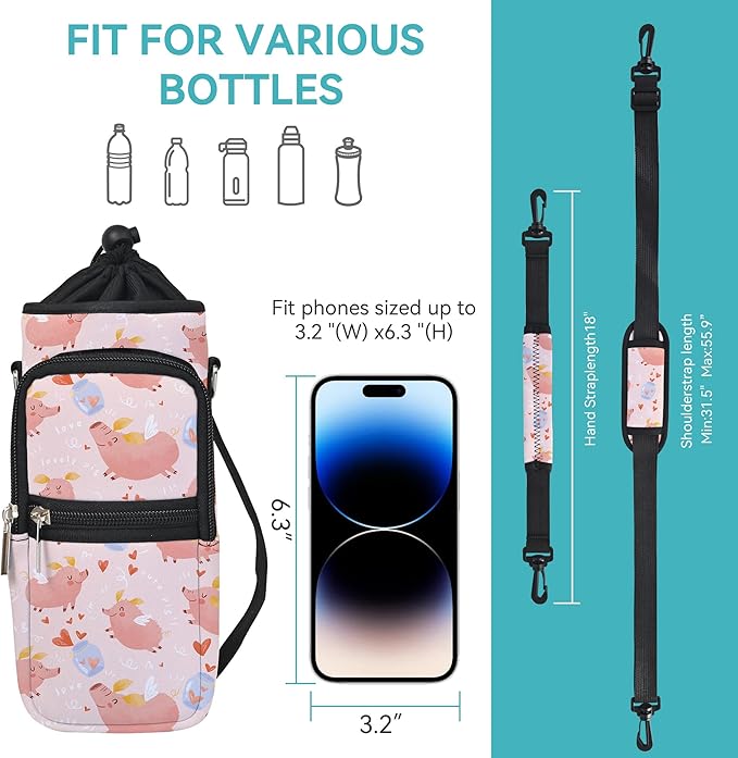 25/32/40/64oz Water Bottle Bag Holder Carrier-Insulated Crossbody Sling Case Sleeve with Strap & Pockets for Men Women Gym Cycling Travel Walking Hiking Camping