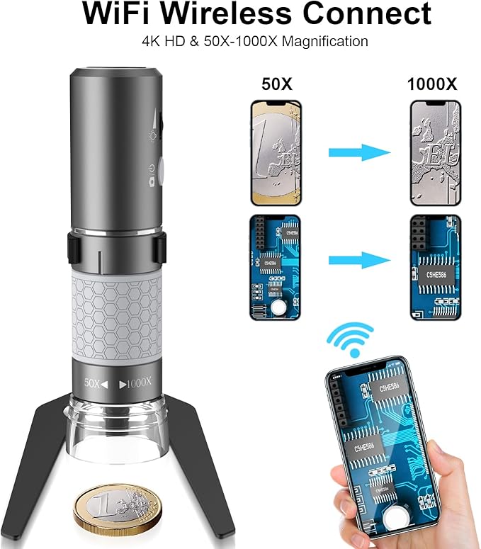 4K 3840x2160p WiFi Digital Microscope for iPhone Android Phone and Windows Mac PC, Wireless Handheld Microscope Camera, Portable Microscope with Metal Stand for Adults and Kids