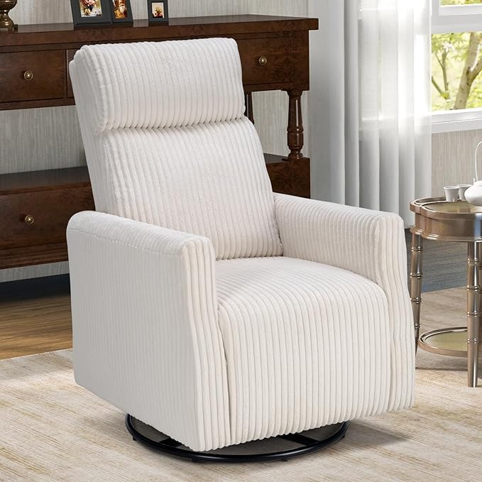 CANMOV Swivel Rocker Chair for Nursery, Swivel Accent Chair with High Back and Arms, Corduroy Glider Chair for Living Room Bedroom Nursery, Beige