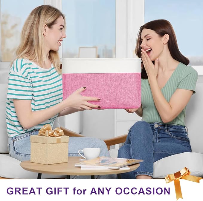 Storage Bins Large Fabric Storage Baskets for Shelves 3 Pack, Decorative Linen Closet Baskets with Handles for Organizing, Shelf, Clothes, Home, Office, 15x11x9.5Inches (Pink&White)