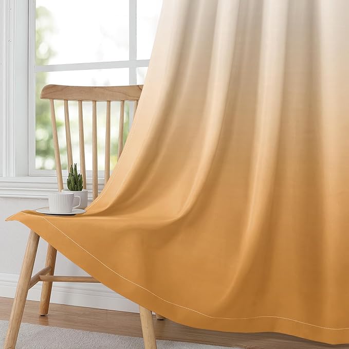 HOMEIDEAS Gold Ombre Blackout Curtains 52 X 63 Inch Length Gradient Room Darkening Thermal Insulated Energy Saving Grommet 2 Panels Window Drapes for Living Room, Bedroom