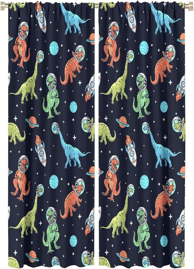 Cartoon Dinosaur Curtains for Kids Boys Girls Home Decor, Astronaut Rocket Funny Outer Space Blackout Rod Pocket Window Drapes for Bedroom Living Room W21xL63in 2 Panels
