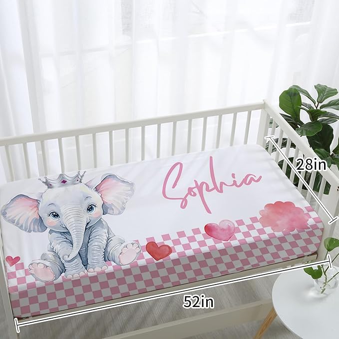 Personalized Nursery Crib Bedding Set: Custom Name Pink Checkered 5 Piece Baby Crib Sets with Cute Elephant Pattern - Toddler Double Layer Blanket Set, Comfortable Crib Bed Sheets for Baby Grils