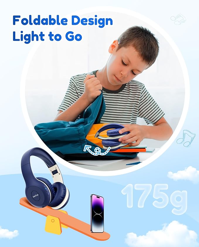 EarFun K2 Kids Bluetooth Headphones, Kids Headphones with Volume Limited, 40H Playtime, Built-in Mic, Stereo Sound, Foldable Over-Ear Headphone for School/Travel/iPad/Tablet, Blue