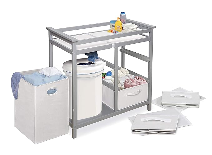 Badger Basket Modern Baby Changing Table - Portable Diaper Station with 3 Drawers Pad & Hamper - Storage Organizer for Baby Diapers & Toys - Gray/White