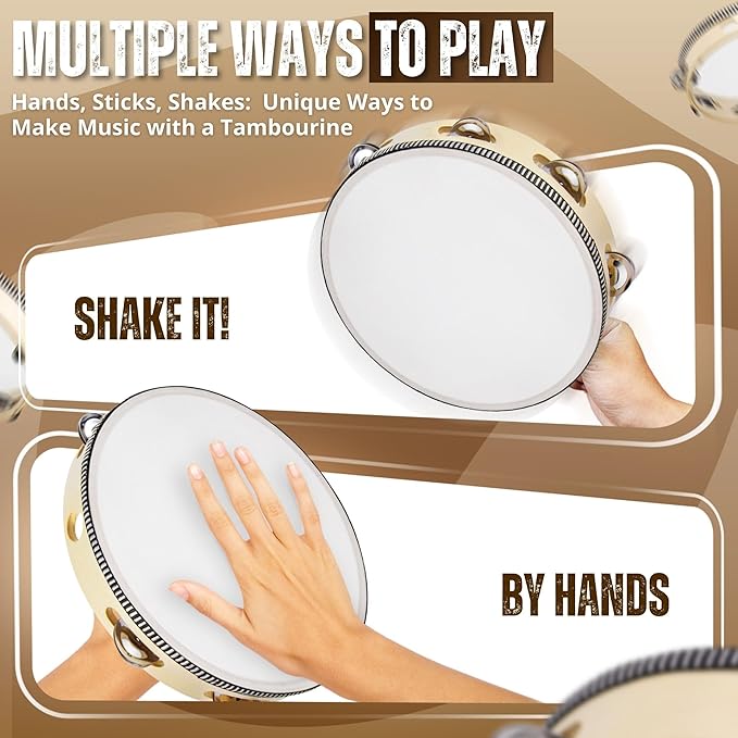 Flexzion Wooden Round Tambourine for Kids and Adults 8" Inch Single Row 8 Pair Jingles, Wood Handheld Percussion Instrument for Beginner and Professional Tambourine Player