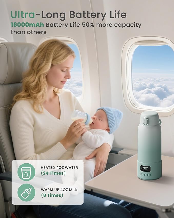 Extended Battery Life Portable Bottle Warmer - Dual Heating Modes for Breast Milk & Water, 17 Ounces, Fast Heating, Ideal for Travel, Outdoor, Baby Shower, Green