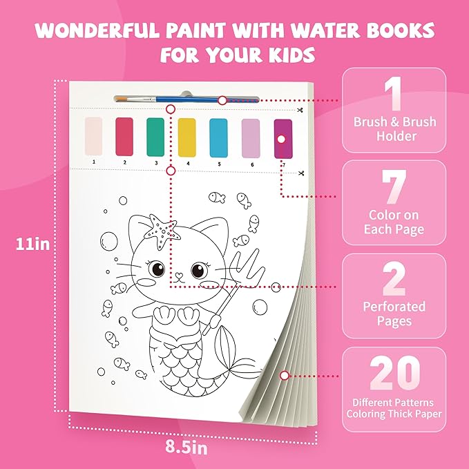 Paint with Water Books for Kids,Dinosaur Watercolor Paint Book Set for Kids,Toddlers Water Color Coloring Painting Drawing Set,Mess Free Toys Gifts for Boys Age 3 4 5 6 7 8