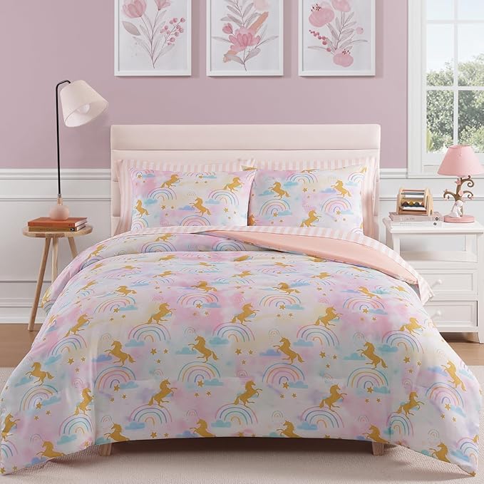 Queen Comforter Set with Sheets for Girls-7 Pieces Queen Bedding Sets with Pink Comforter, Sheets, Pillowcases & Shams for Kids (Gold Unicorn, 90" X 90")