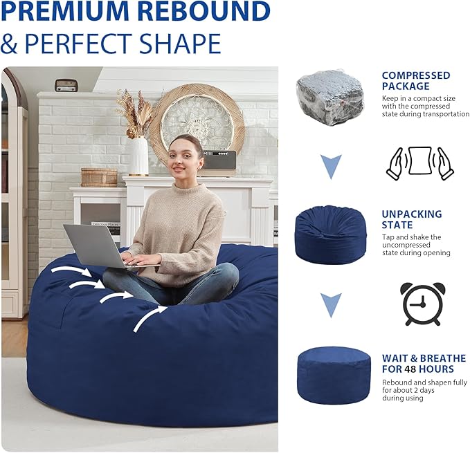 3FT Bean Bag Chair, Comfy Bean Bag Chairs with Memory Foam Filled, Fluffy Beanbag Sofa with Dutch Velvet Cover, Round BeanBag Chairs for Living Room, Playroom - Blue