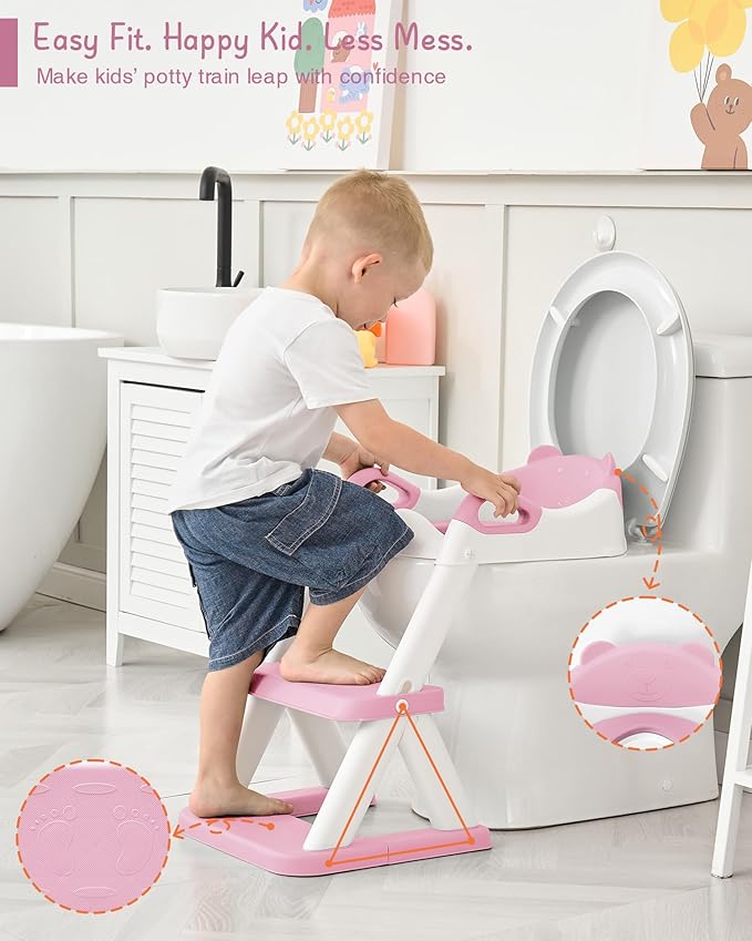 Forbena Girls Potty Training Seat with Step Stool Ladder, Pink Toilet Potty Seat for Baby Girl Toddlers, Kids Chair Stairs with Handles and Soft Cushion (White and Pink)