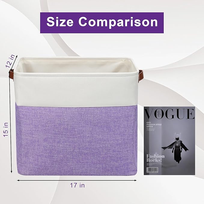 Large Fabric Storage Baskets | 50L Storage Bins, Decorative Linen Closet Baskets with Handles for Organizing, Shelf, Toys, Clothes, Home, Office, Nursery, 17x12x15Inches (Purple&White)