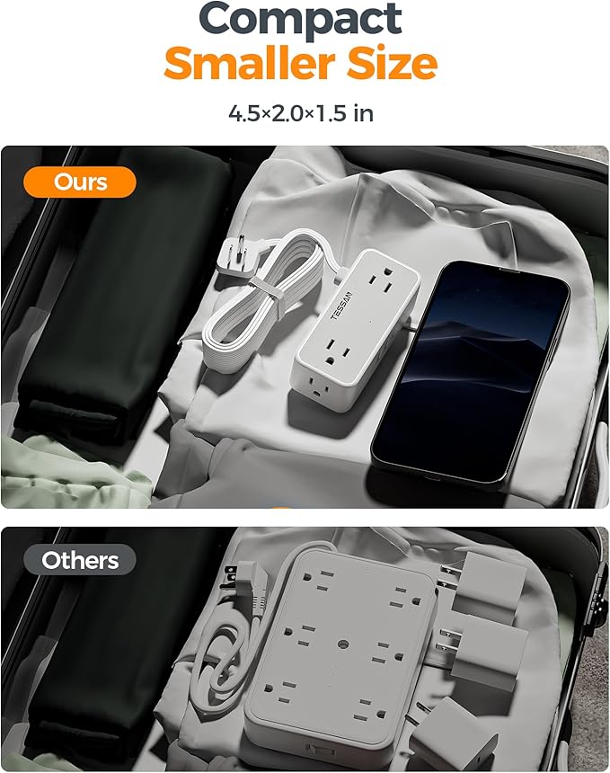 Flat Plug Extension Cord 25 ft, TESSAN Surge Protector Power Strip with 4 AC Outlets 1 USB C and 2 USB A Ports, 900 Joules Protection, Multiple Wall Outlet Extender for Home Office Dorm Essentials