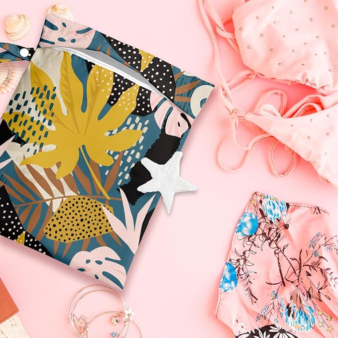 Wet Bag, Wet Dry Bag, Wet Bag for Swimsuit, Travel, Beach, Pool, Diapers, Dirty Yoga Gym Clothes, Makeup Bag, Waterproof Tropical Palm Leaves Decor Jungle Palm Leaf Favors