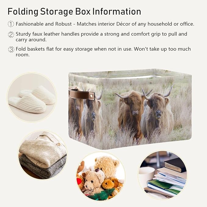 Highland Cows Storage Basket Cube Storage Bins Organizer Bag Collapsible Closet Shelf Baskets with handle for Baby Cloth Pet Toy Book 14.2×10.2×8.3 IN